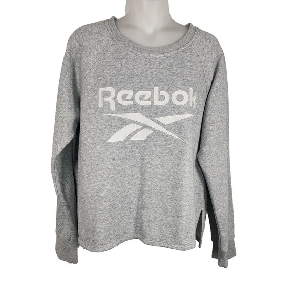 Reebok Womens Fleece Crop Sweatshirt Big Logo Grey White Crewneck Large Athletic - Picture 1 of 10